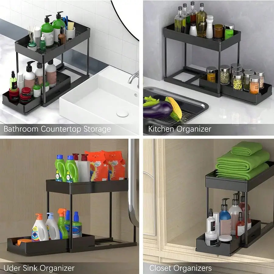 Under Sink Organizer, 2 Tier Bathroom Cabinet Organizer with Sliding Basket, Multi-Purpose Under Sink Organizers and Storage