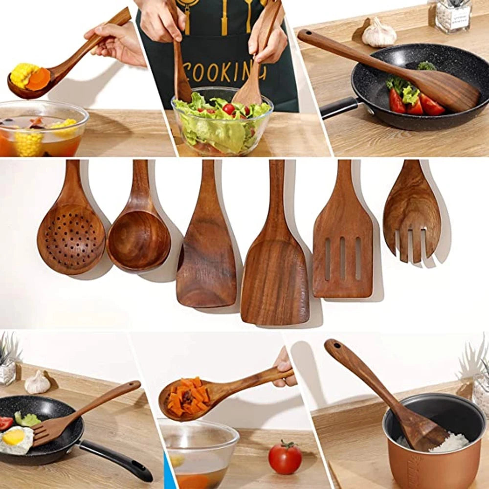 1-10 PC Wooden Cooking Spoons , Non-Stick Wooden Cooking Utensils
