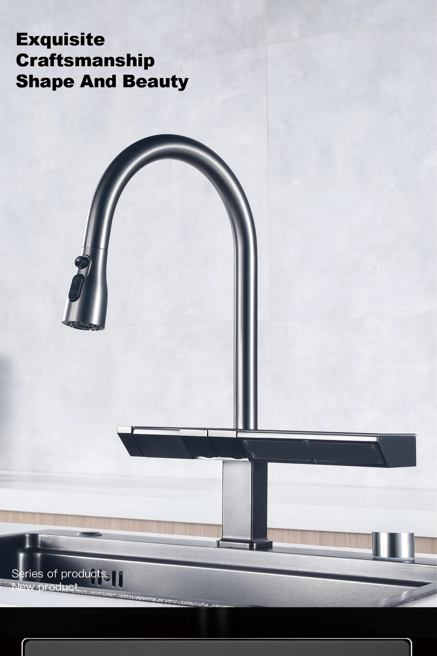 Luxury digital display brass grey kitchen faucet pull-out design