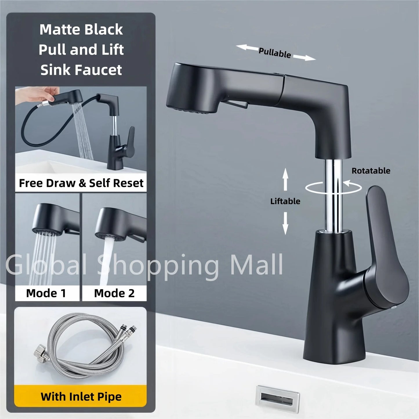 Pull Out Lift Kitchen Faucet 360° Rotatable Splashproof Stainless Steel Kitchen Sink Faucet with Pull Down Sprayer