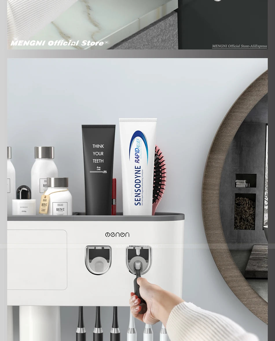 MENGNI-Magnetic Adsorption Inverted Toothbrush Holder Wall -Automatic Toothpaste Squeezer Storage Rack