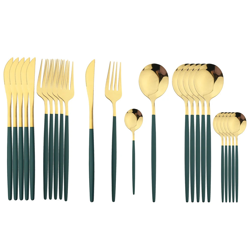 24Pcs Black Handle Golden Cutlery Set Stainless Steel Knife Fork Spoon Tableware Flatware Set