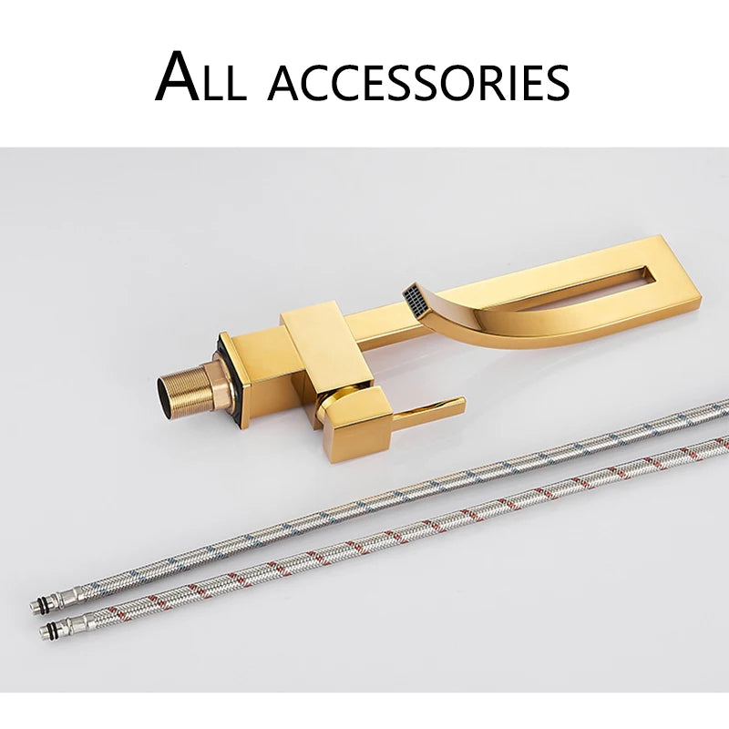 Bathroom Basin Faucet Brass Deck Mounted Waterfall Mixer Taps Single Handle Hot Cold Water Mixer Tap