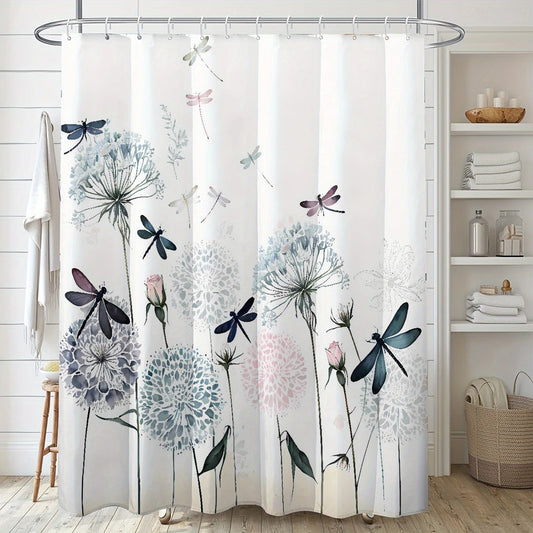 Watercolor Dandelion Dragonfly Printed Shower Curtain Waterproof Polyester Fabric with Hooks