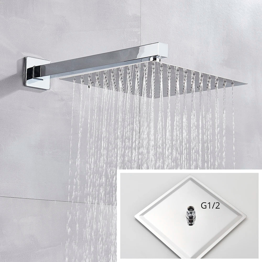 Rainfall Shower Head 8"/10"/12" Square Bathroom Ultrathin . Wall Mounted