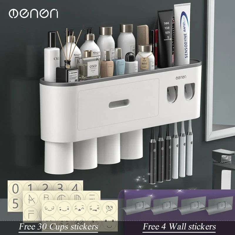 MENGNI-Magnetic Adsorption Inverted Toothbrush Holder Wall -Automatic Toothpaste Squeezer Storage Rack