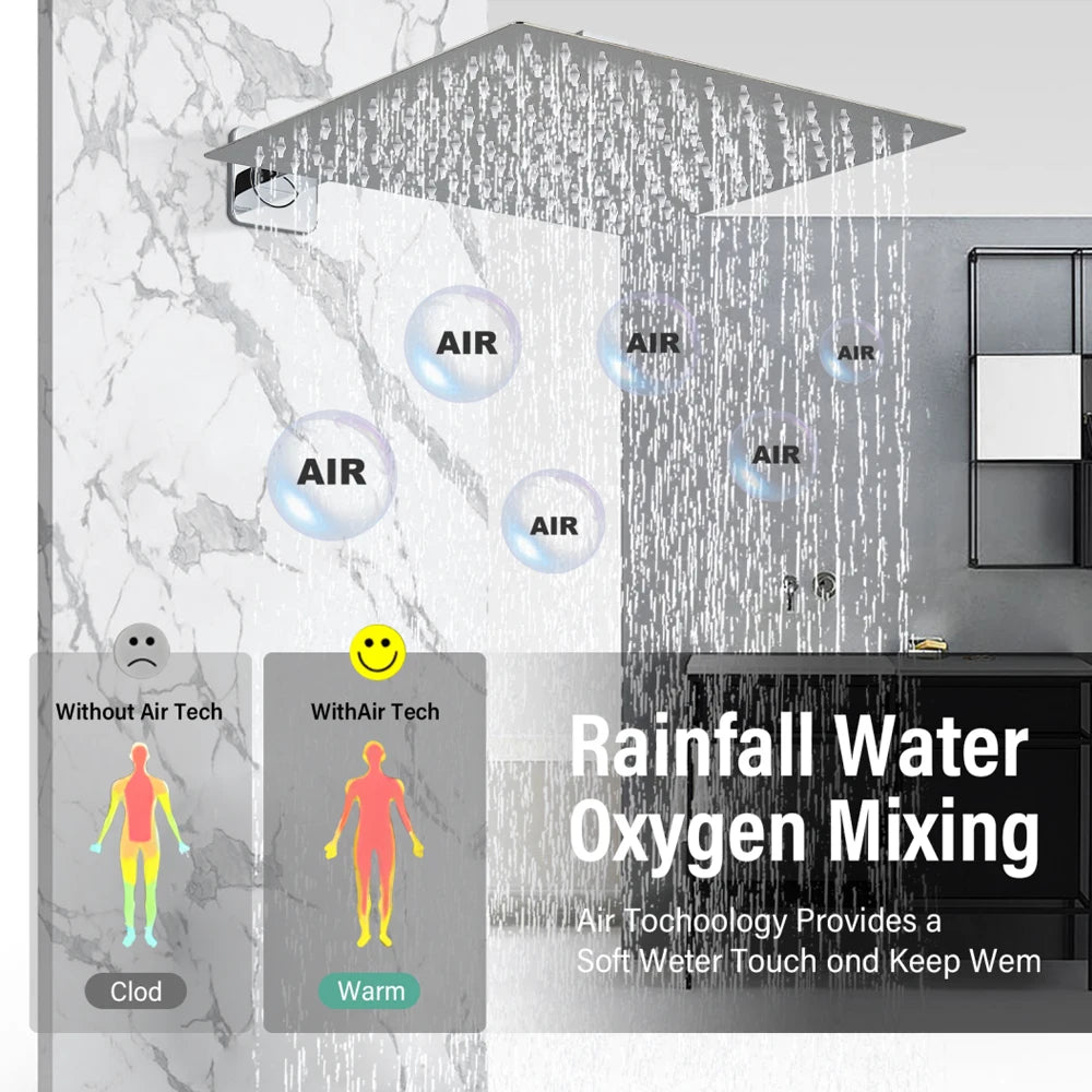 Chrome Bathroom Shower Faucet Set 2/3 Way Rainfall Mixed Brass Diverter Mixer Tap 8-16" Head Wall Mounted Embedded Box Control