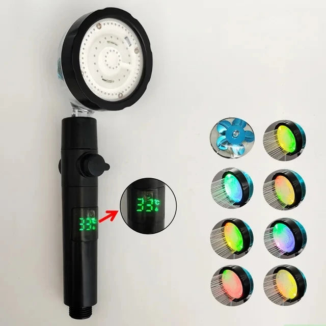 LED Digital Temperature Display Shower Head Temperature Control Colorful Fan Spray Nozzle