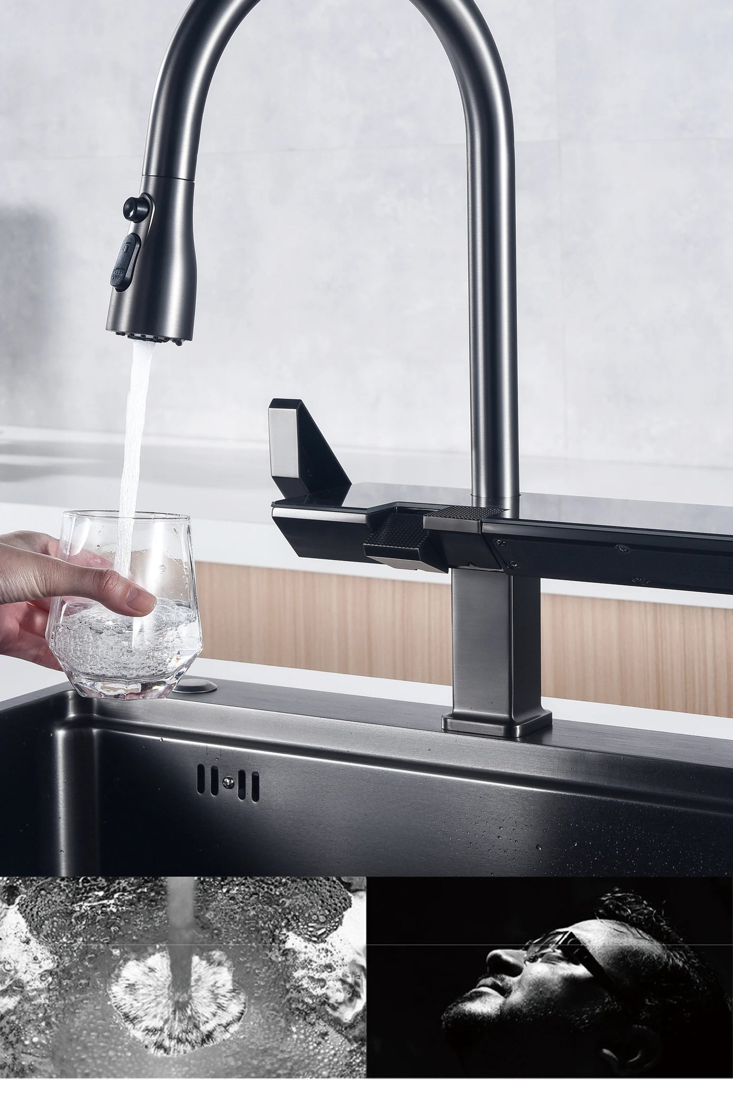 Luxury digital display brass grey kitchen faucet pull-out design