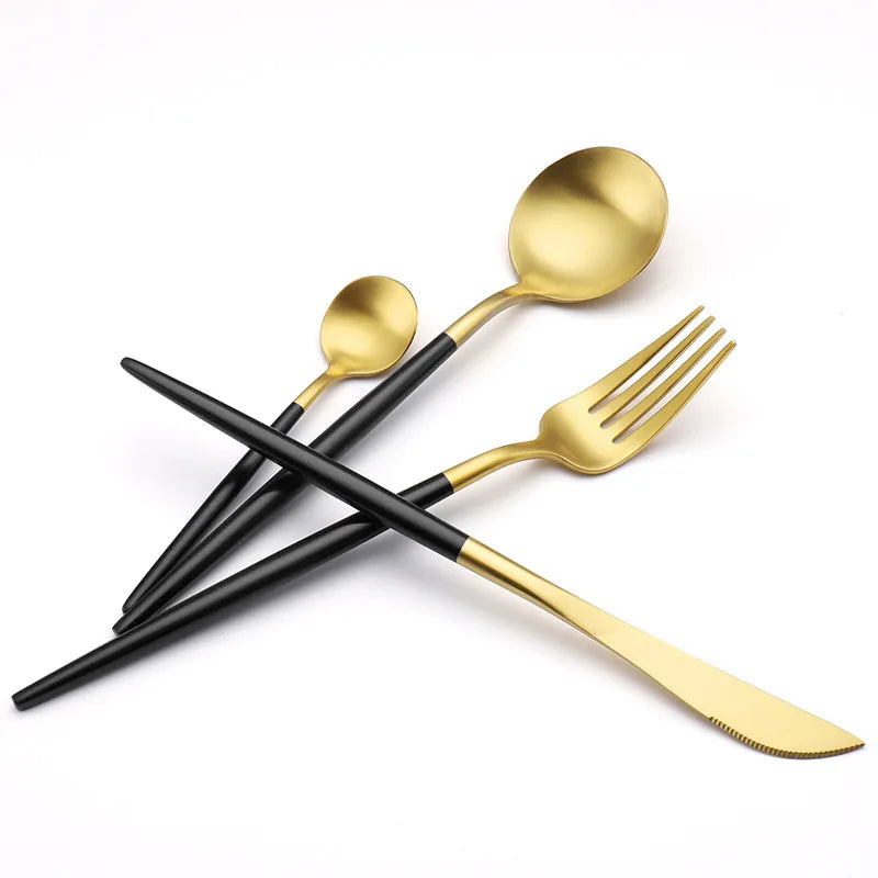 Gilt Rim Black Porcelain Dinner Plates Cutlery Set