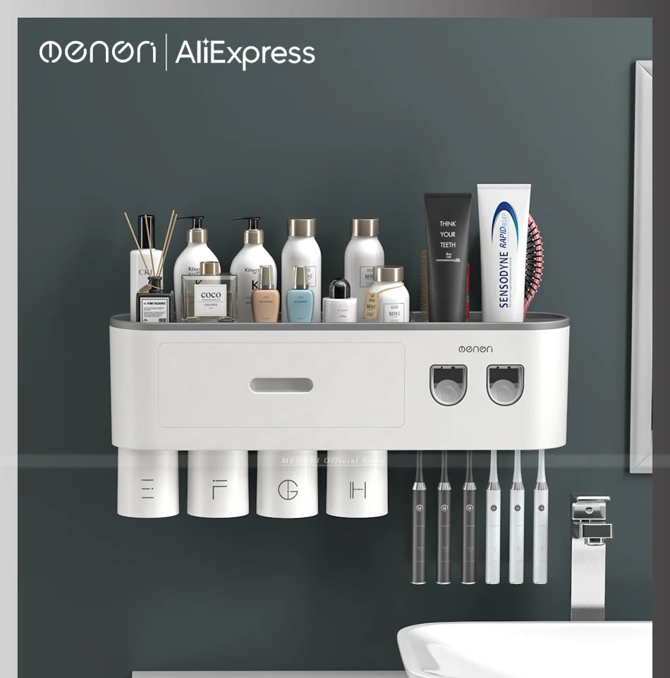 MENGNI-Magnetic Adsorption Inverted Toothbrush Holder Wall -Automatic Toothpaste Squeezer Storage Rack