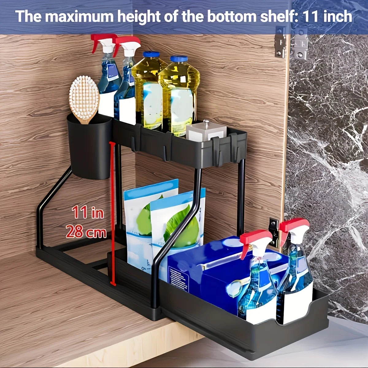 2-Tier Plastic Storage Organizer Pull-Out Drawer Kitchen Bathroom Space-Saving Durable Large Capacity