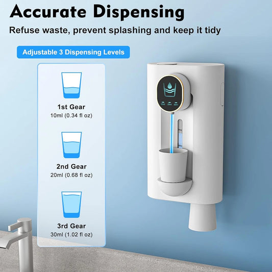 Smart Touchless 540ML Mouthwash  Dispenser w/LED, 3 Modes, Wall/Table Mount, 2 Cups,