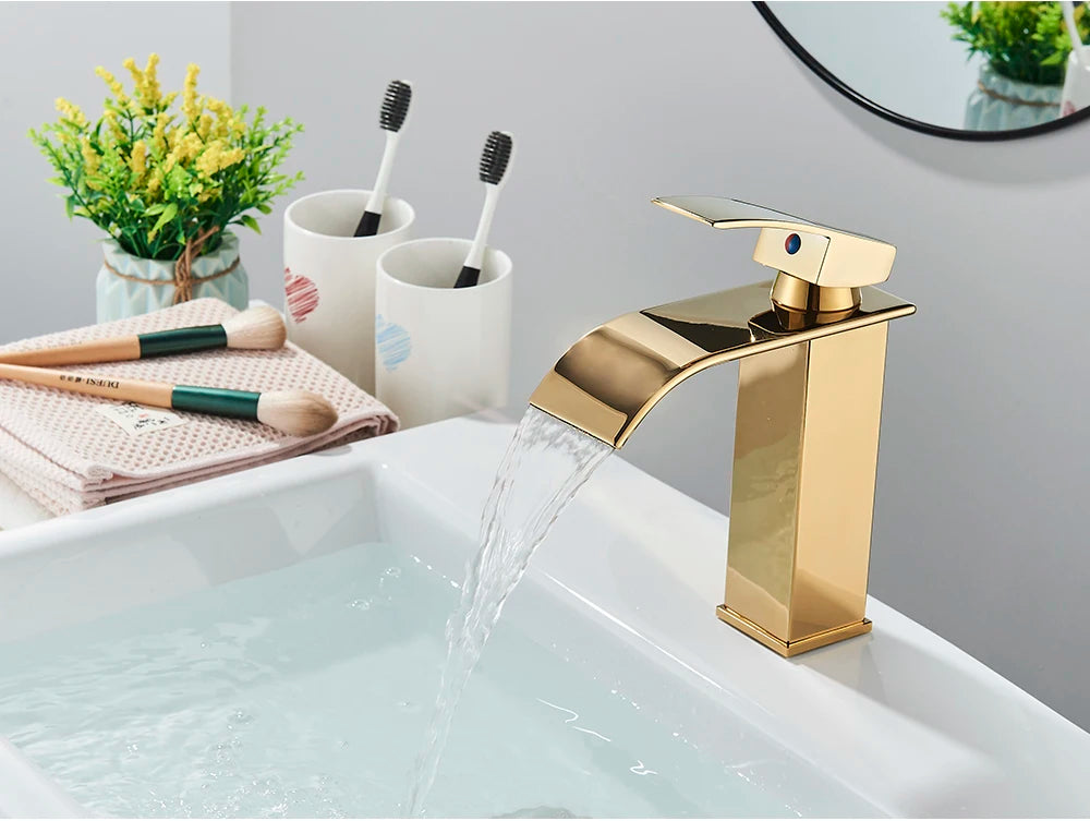 Brushed Golden Basin Faucets Single Lever Hole Deck Mount
