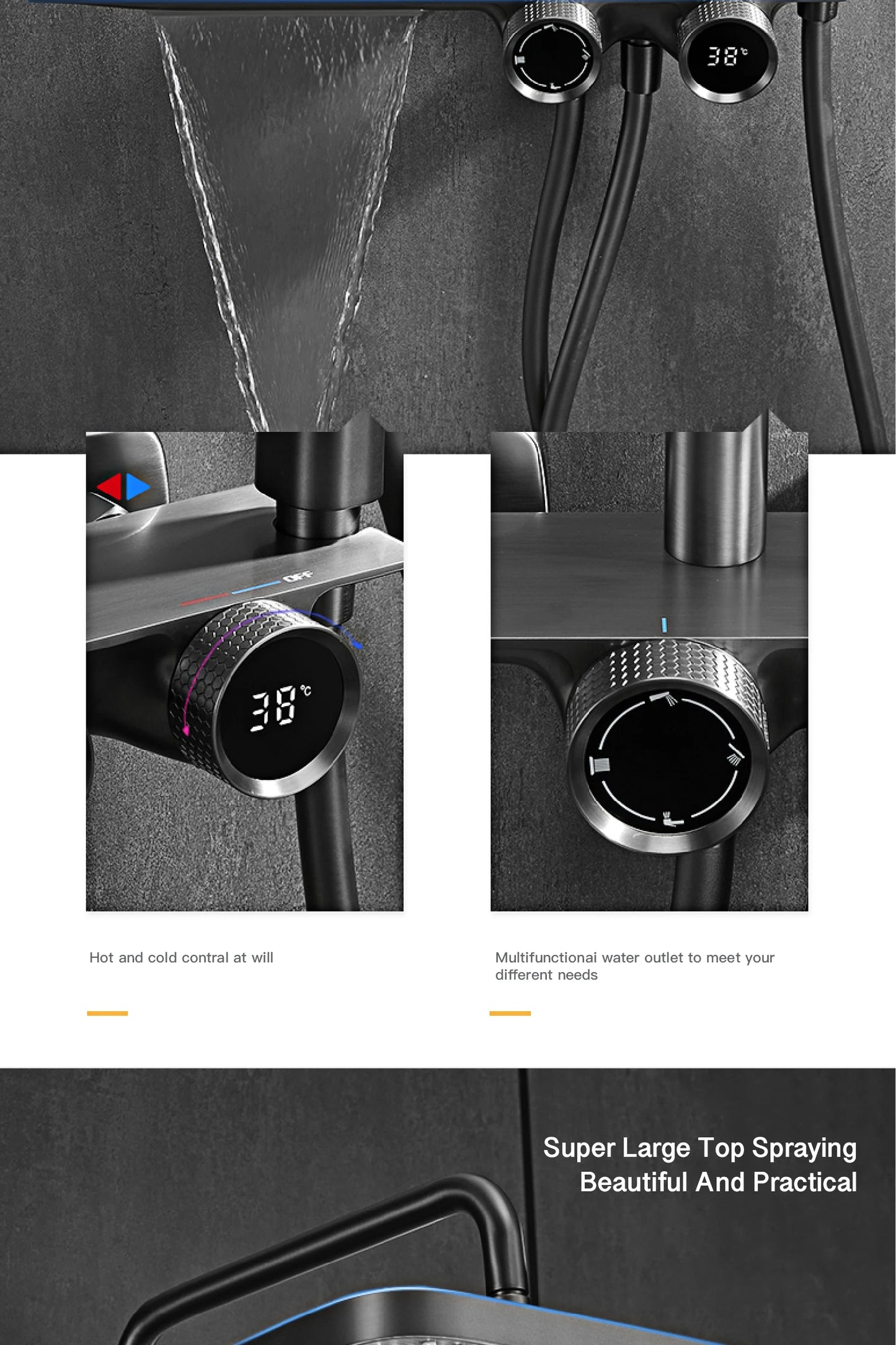 Luxury gun gray brass bathroom shower system digital display cold & hot dual control