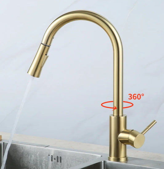 Stainless Steel Hot Cold Water Faucet Gold Pull-out Sprayer Single Handle