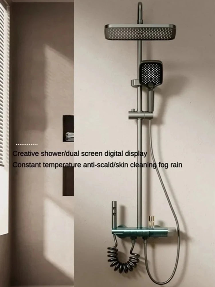 Grey shower Set Four-Function Smart Digital Display Shower System Rainfall Pressurized Wall-mounted Piano Key