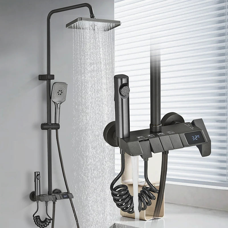 Rozin Black Smart Digital Display Shower Faucet Set Piano Style Rain fall Grey Digital Mixer