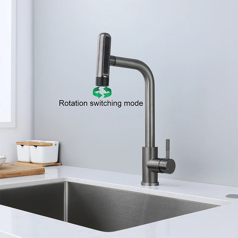 Pull Out Rotation Waterfall Black Stream Sprayer Head,6 Mode Gray Kitchen Faucets, Sink Mixer