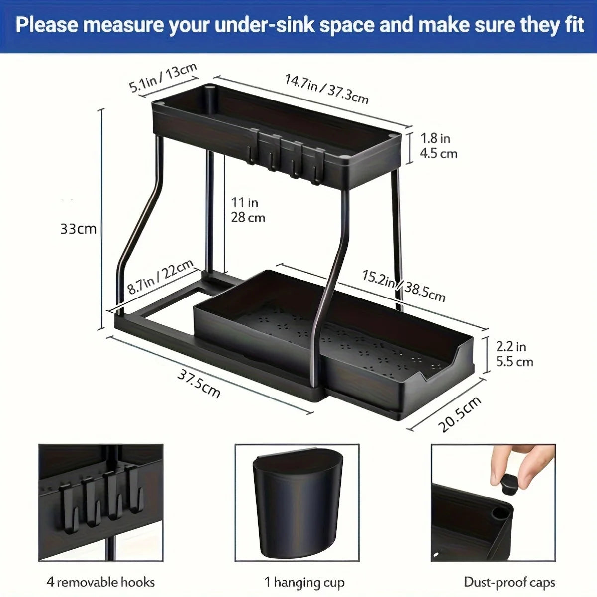 2-Tier Plastic Storage Organizer Pull-Out Drawer Kitchen Bathroom Space-Saving Durable Large Capacity