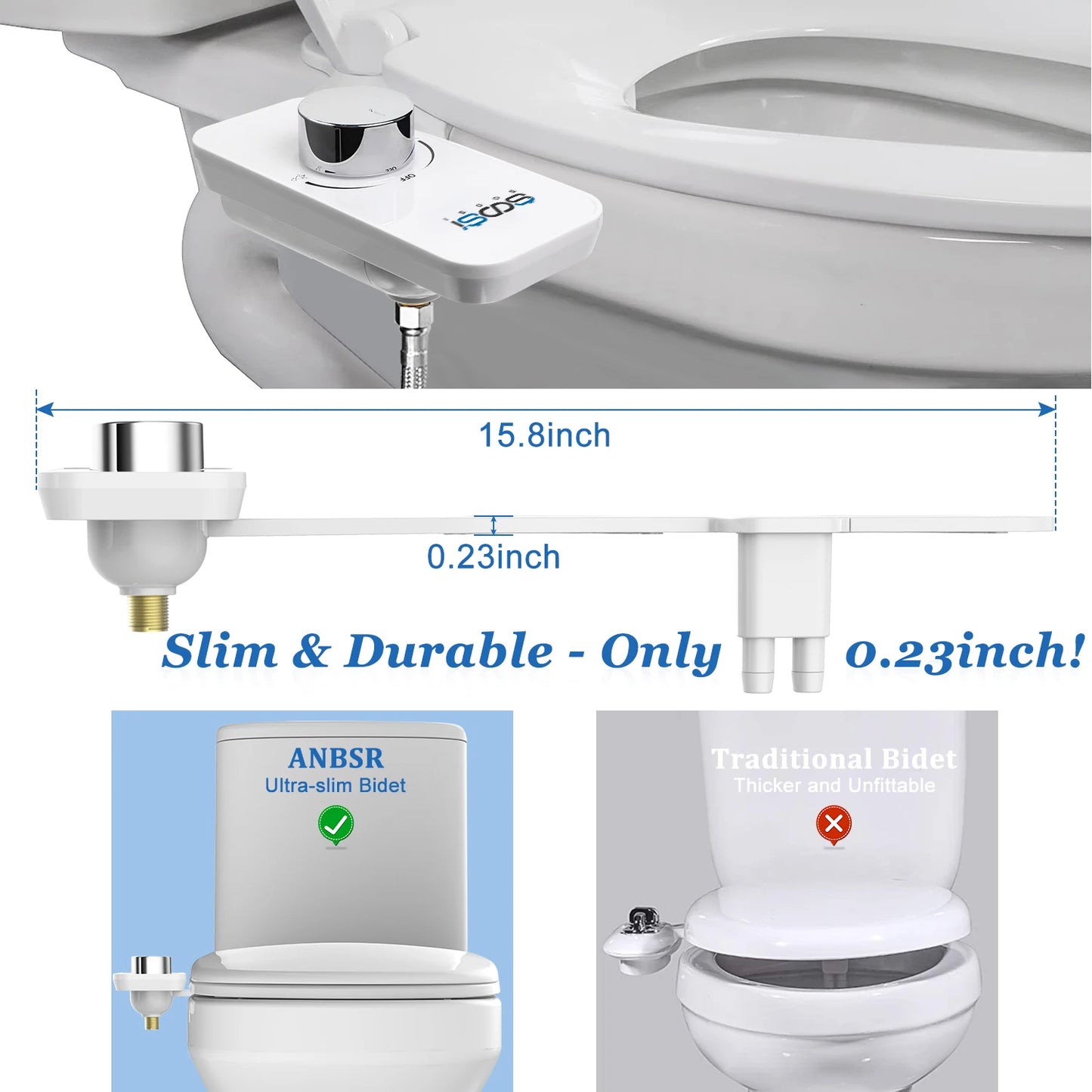 Non-Electric Bidet Toilet Seat Attachment with Pressure Controls, Retractable Self-Cleaning Dual Nozzles for Frontal & Rear Wash