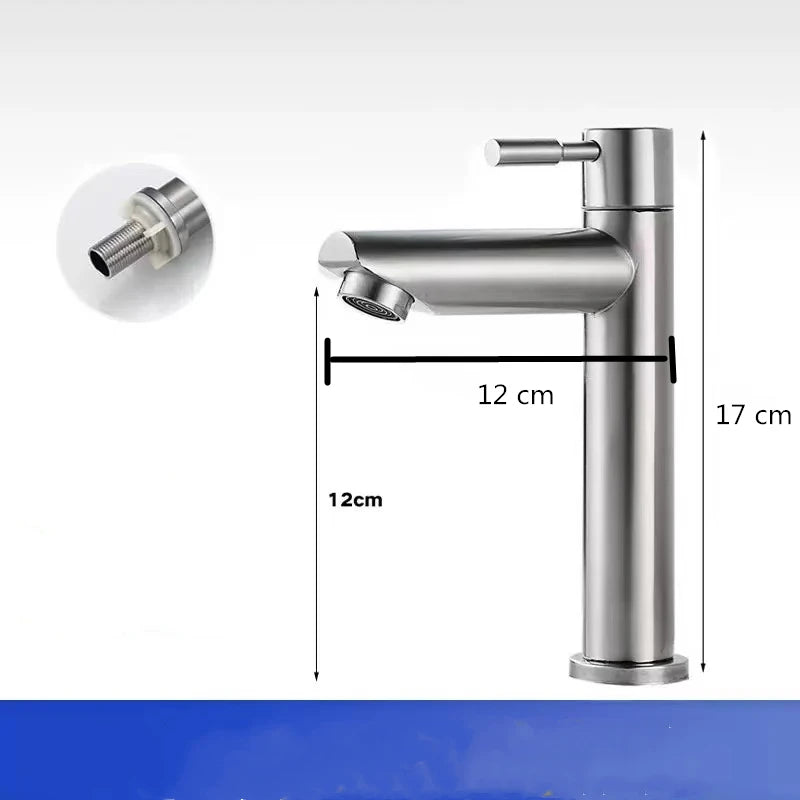 Basin Faucet 304 Stainless Steel Single Cold Water Tap Black Silver Color Deck Mounted