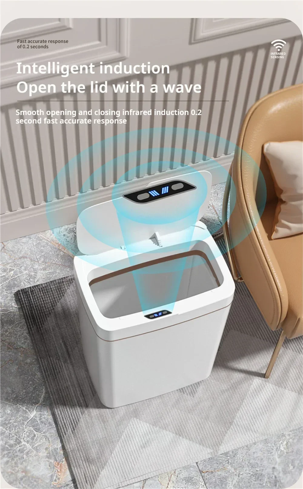 15-Liter Smart Trash Can Automatic Touchless, Waterproof Sensor Trash Bin for Bathroom Kitchen Bedroom, Odorless Modern Basket