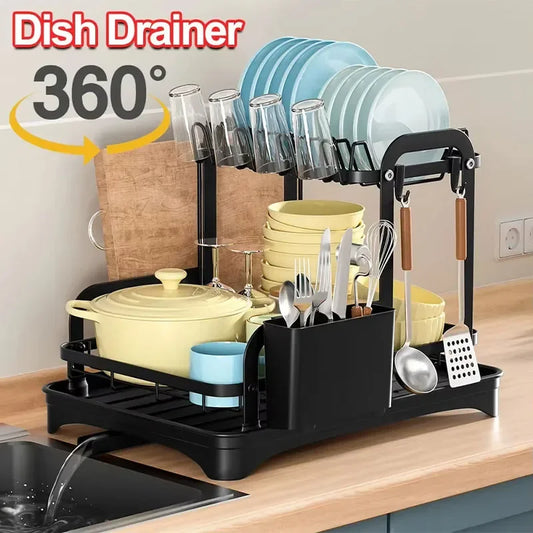New 360° rotating storage rack double-layer kitchen tableware drying rack with drain