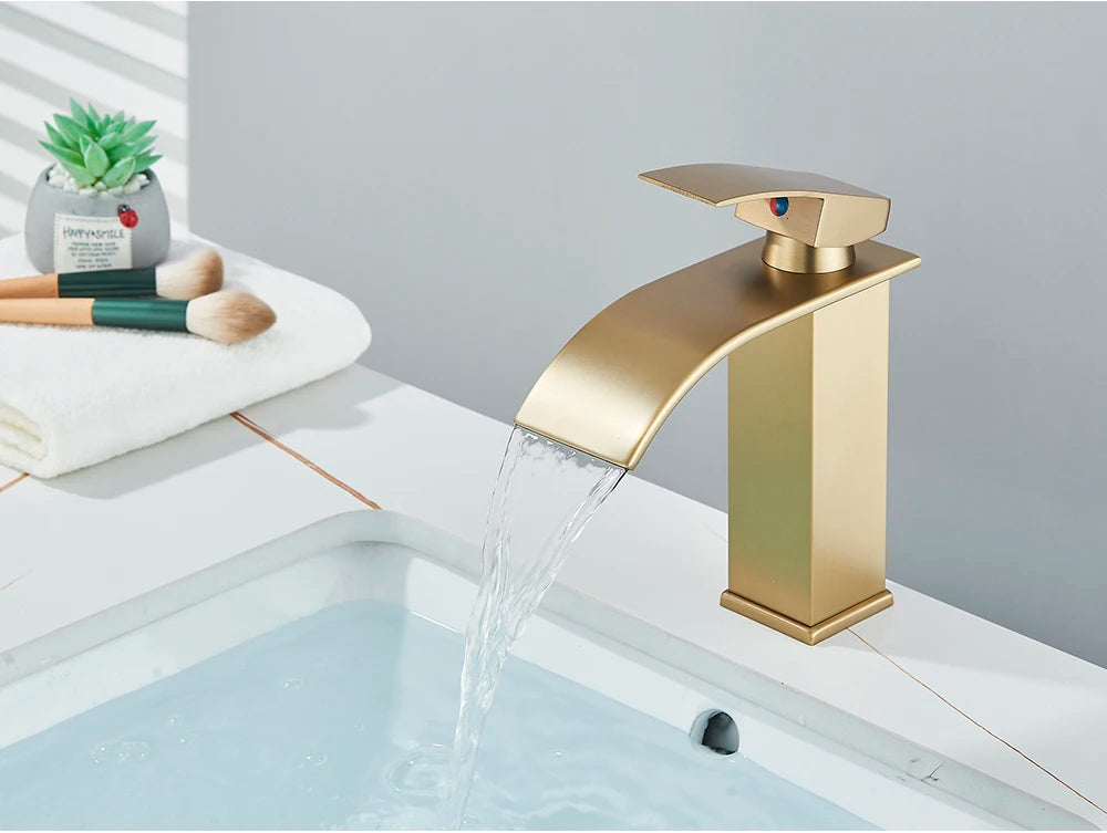 Brushed Golden Basin Faucets Single Lever Hole Deck Mount