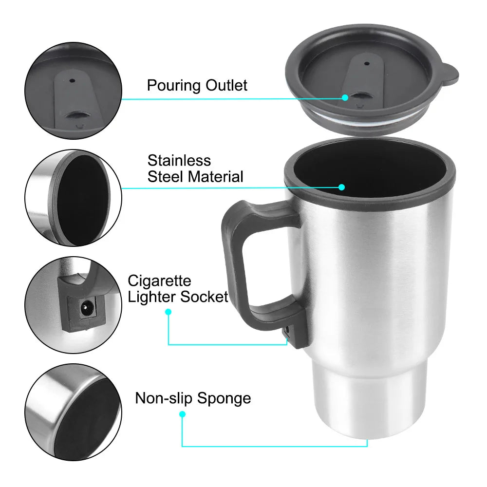 12V 450ml Electric Heating Car Kettle , Stainless Steel Vehicle Heating Cup