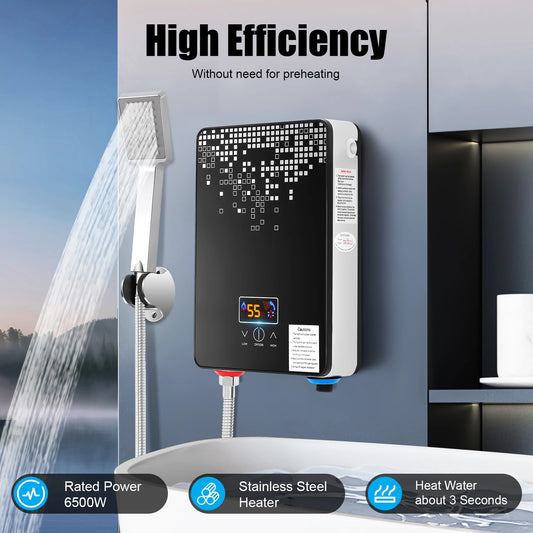 Electric Water Heater 6.5kW Instant Hot Water Heater with Digital Display for Bathroom-220V Black Bathroom Shower Hot Water Set