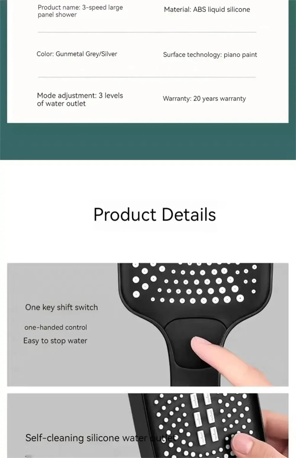 Adjustable Shower Head 3 Mode Rainfall Shower Large Flow Showerhead High Pressure