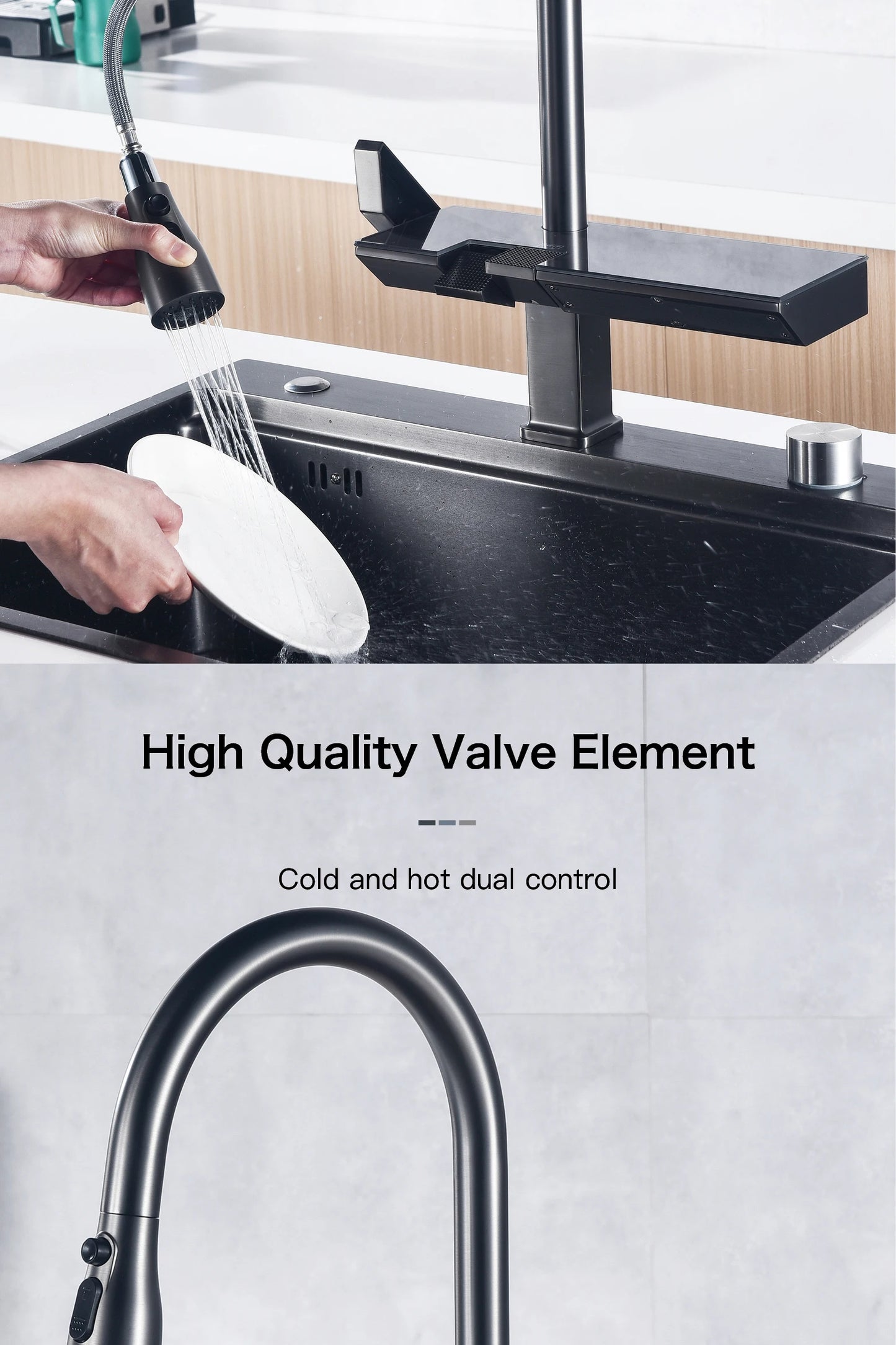 Luxury digital display brass grey kitchen faucet pull-out design