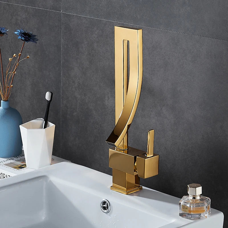 Bathroom Basin Faucet Brass Deck Mounted Waterfall Mixer Taps Single Handle Hot Cold Water Mixer Tap