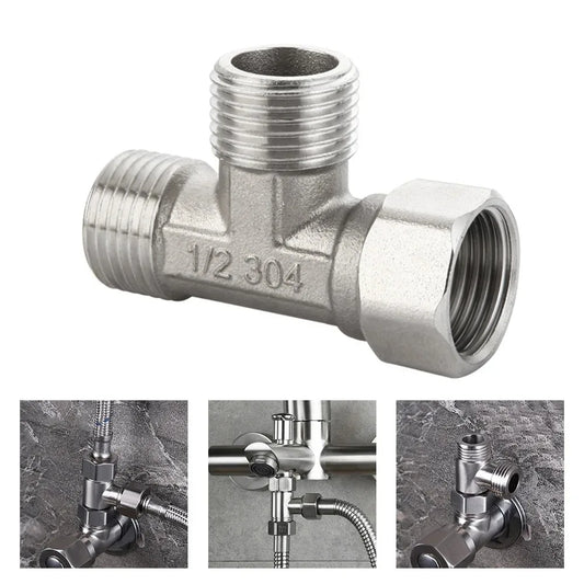 Stainless Steel T Adapter G1/ 2" T-Valve Diverter Valve Three Way Device Hole For Bath Bidet Sprayer Shower