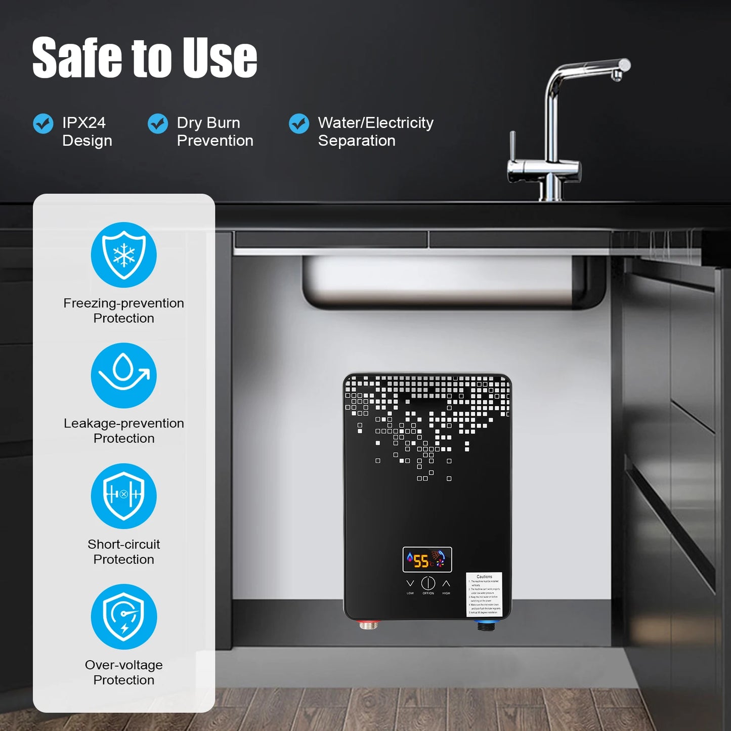 Electric Water Heater 6.5kW Instant Hot Water Heater with Digital Display for Bathroom-220V Black Bathroom Shower Hot Water Set