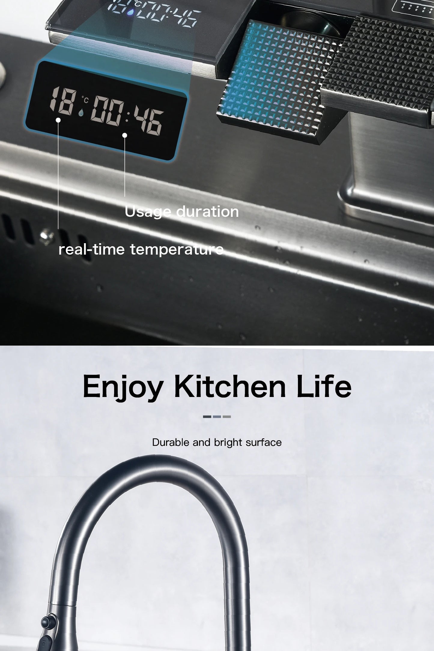 Luxury digital display brass grey kitchen faucet pull-out design