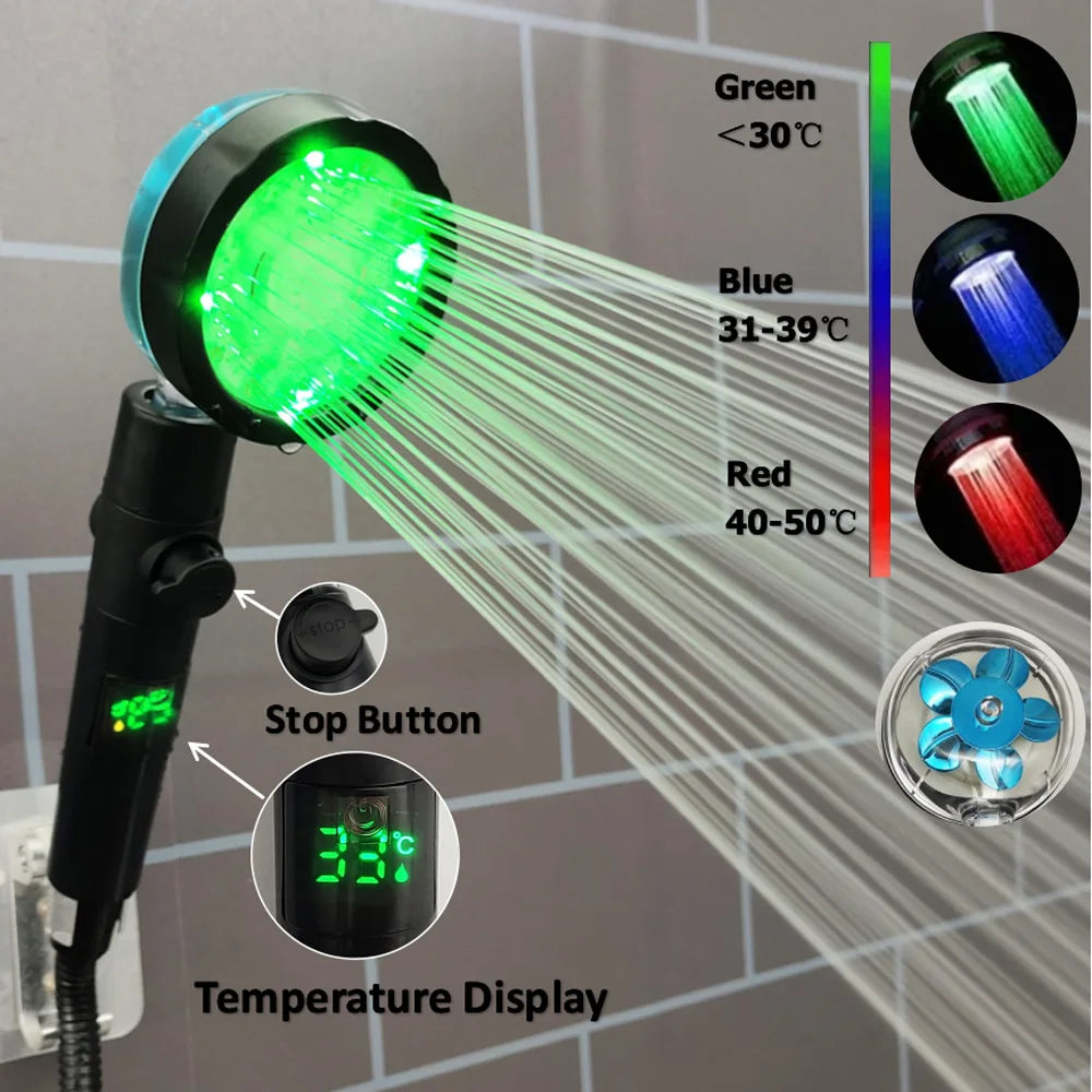 LED Digital Temperature Display Shower Head Temperature Control Colorful Fan Spray Nozzle