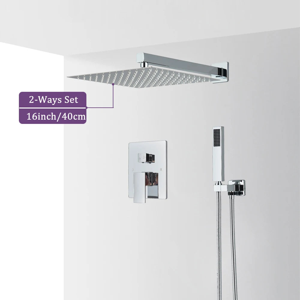 Chrome Bathroom Shower Faucet Set 2/3 Way Rainfall Mixed Brass Diverter Mixer Tap 8-16" Head Wall Mounted Embedded Box Control