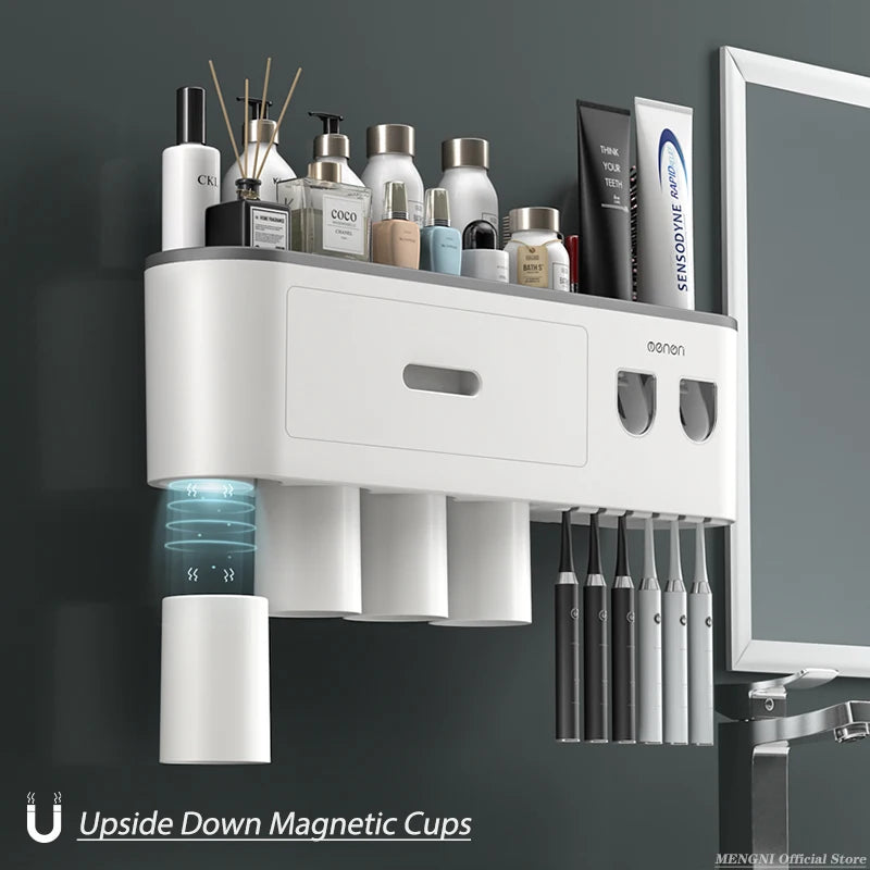 MENGNI-Magnetic Adsorption Inverted Toothbrush Holder Wall -Automatic Toothpaste Squeezer Storage Rack