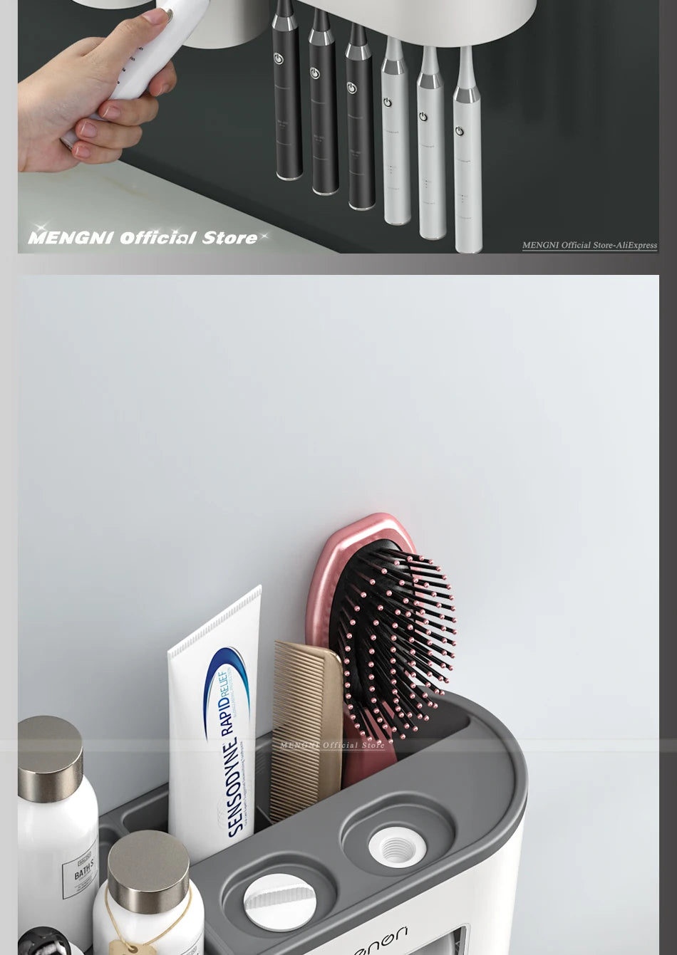 MENGNI-Magnetic Adsorption Inverted Toothbrush Holder Wall -Automatic Toothpaste Squeezer Storage Rack