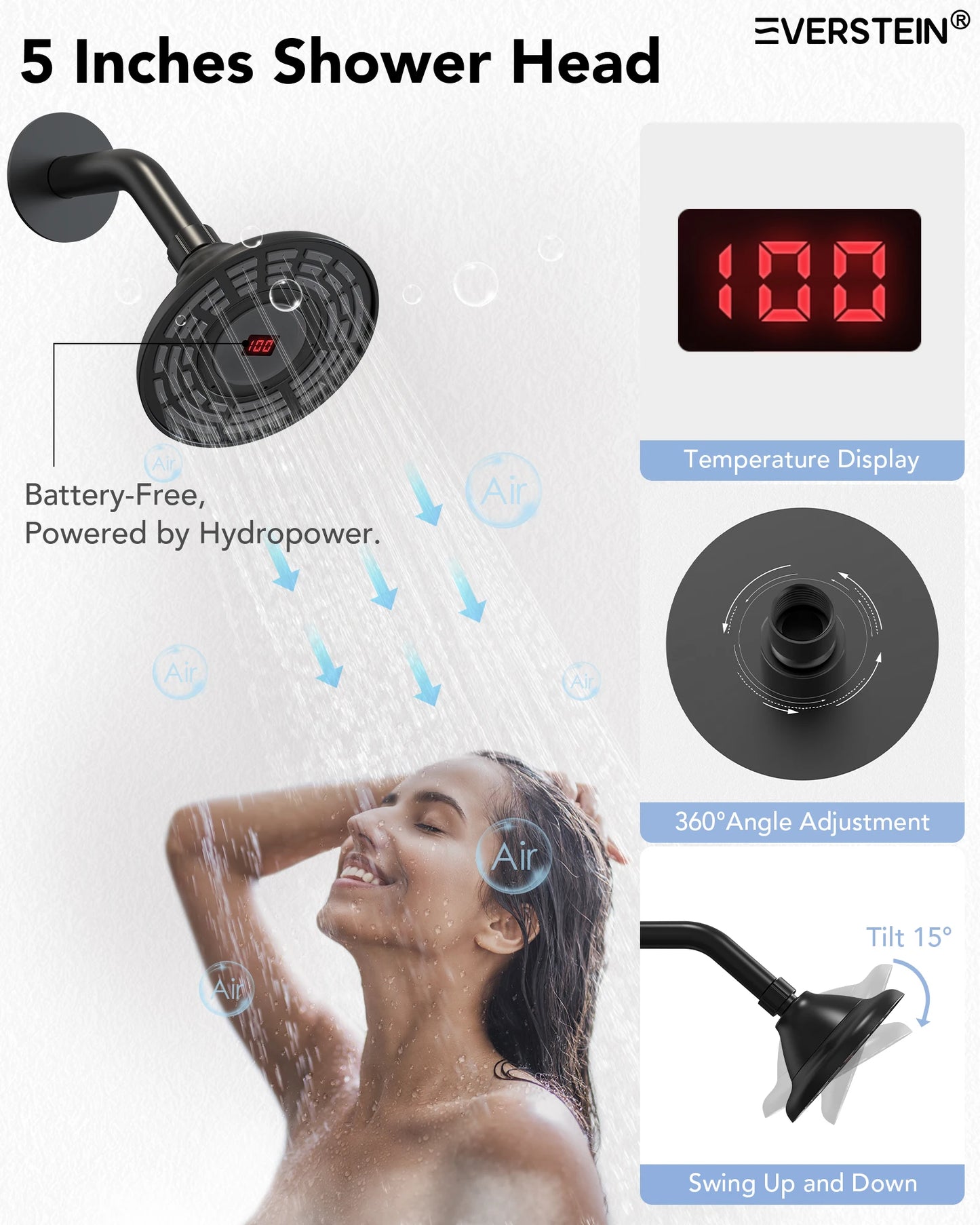 EVERSTEIN LED Light Shower Head System Shower Faucet Set with Brass Balanced Valve Wall Mount Tub Faucet