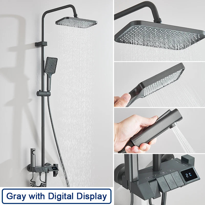 Rozin Black Smart Digital Display Shower Faucet Set Piano Style Rain fall Grey Digital Mixer