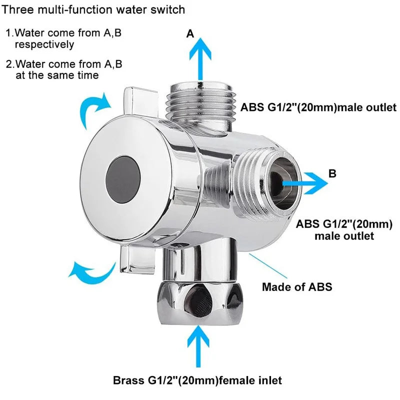 ABS Diverter Valve 1/2 Inch 3 Way Water Separator Shower Tee Adapter Adjustable Faucet Switcher