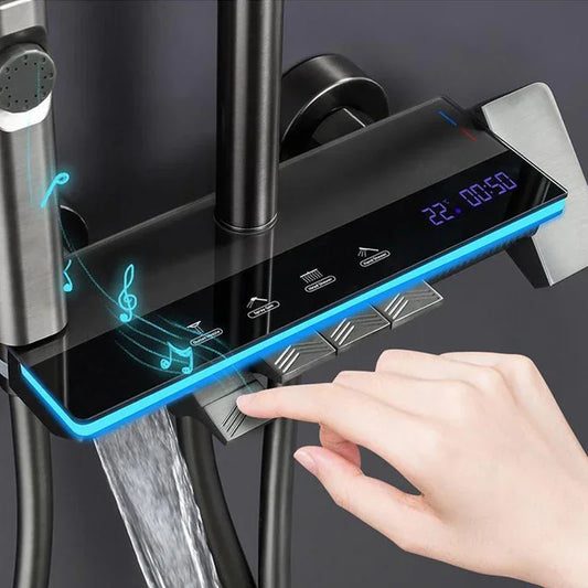 Grey shower Set Four-Function Smart Digital Display  Shower System Rainfall Pressurized Wall-mounted Piano Key