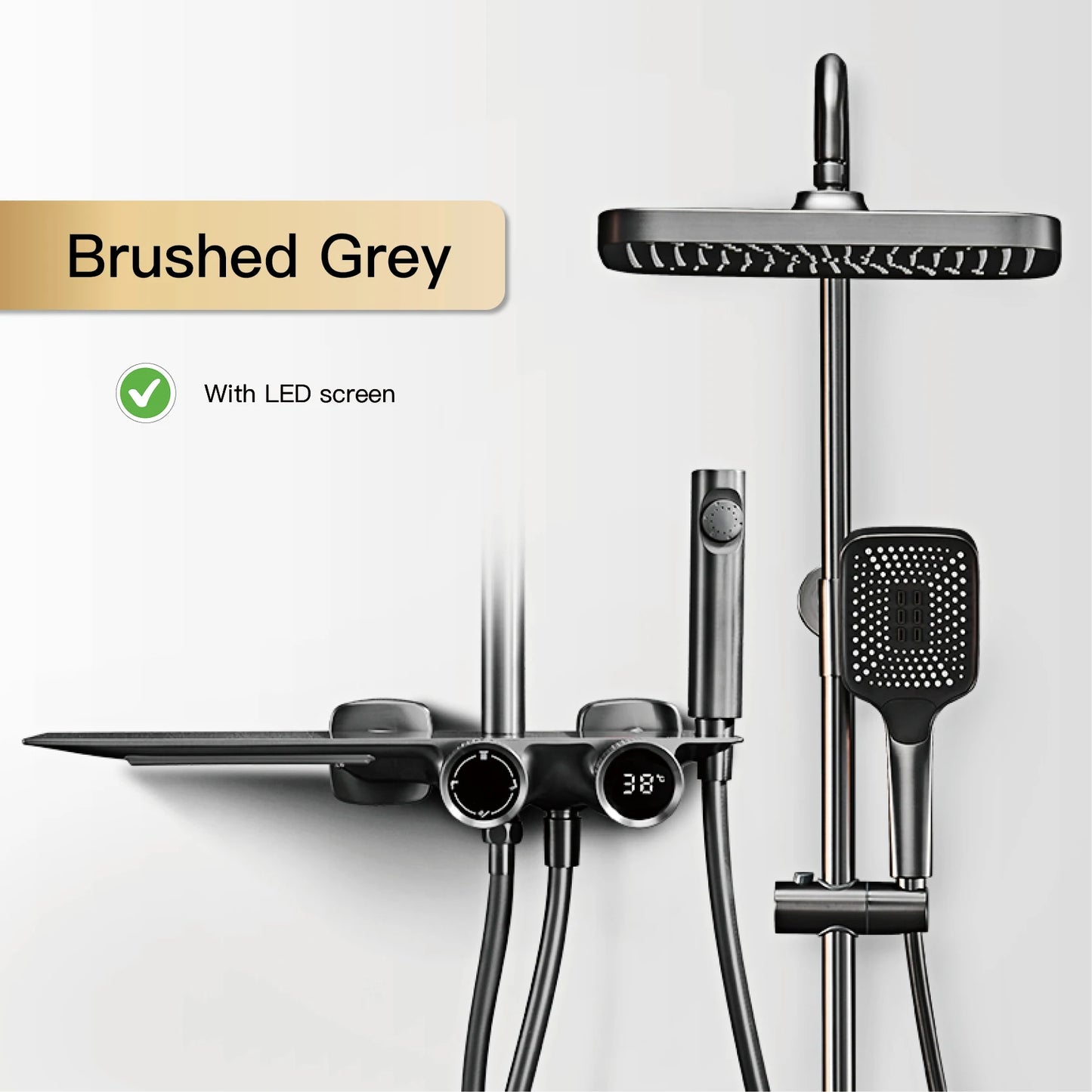 Luxury gun gray brass bathroom shower system digital display cold & hot dual control