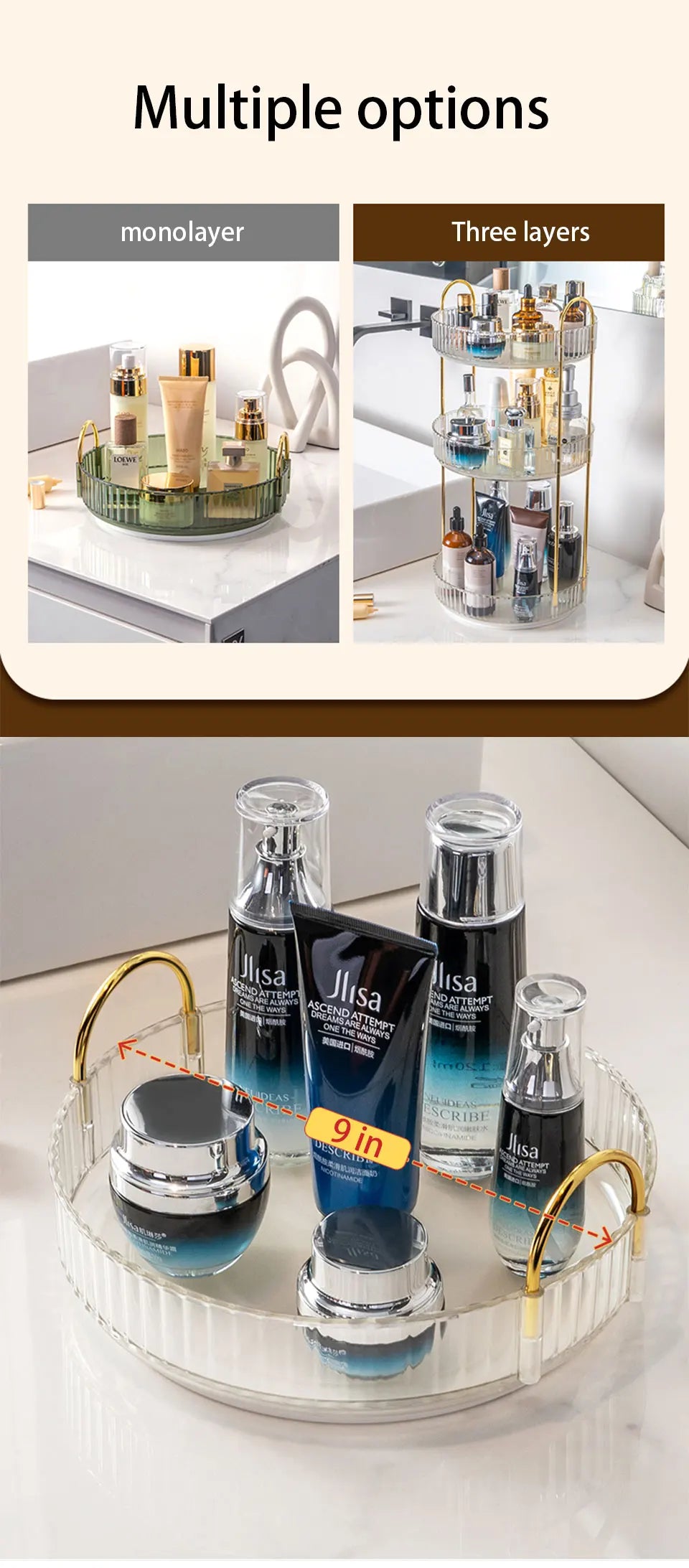 Rotating Makeup Organizer for Vanity 3 Tier Skincare Organizers