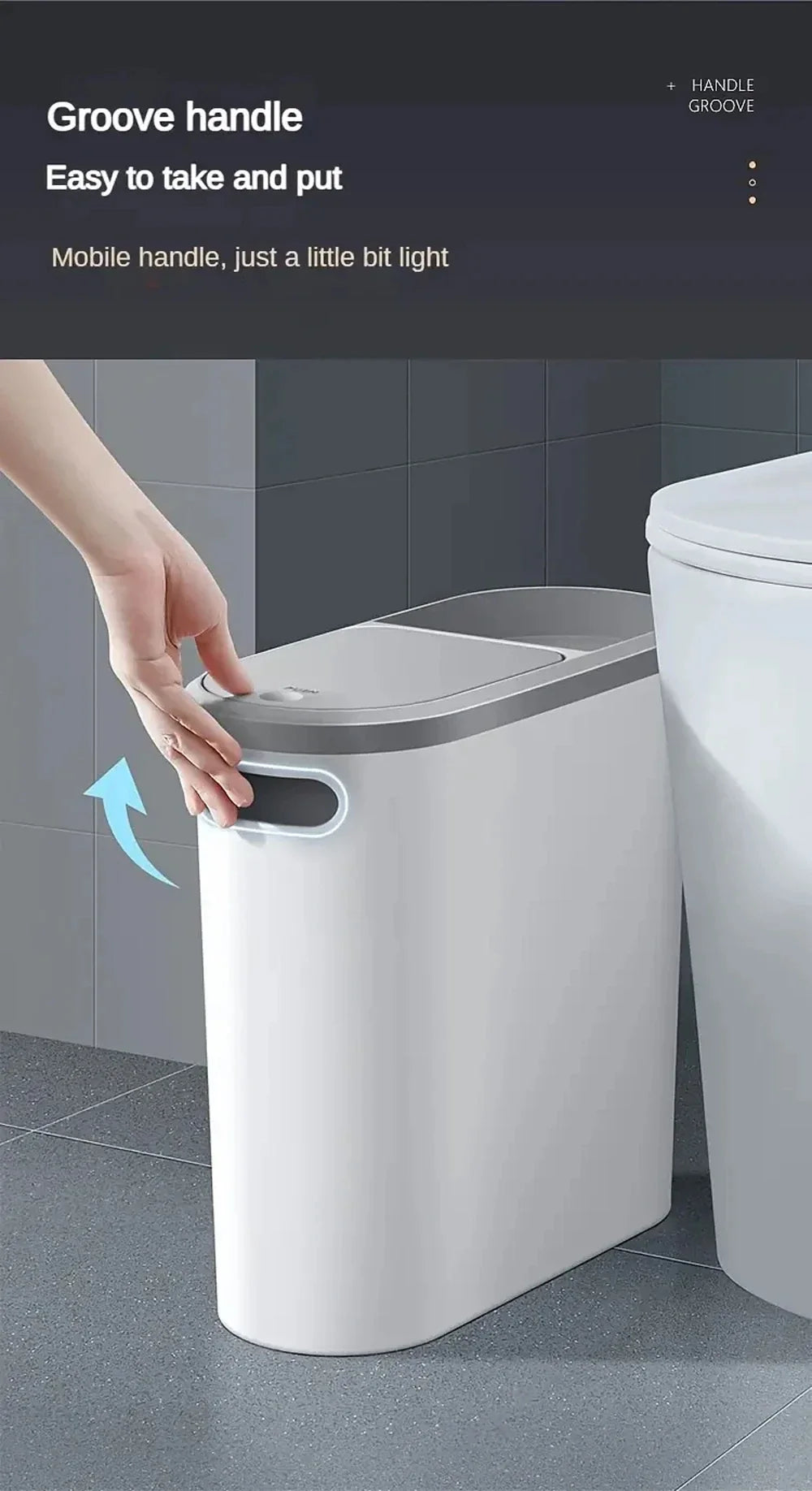Plastic Trash Can with Lid Compact Press-Type Top Space-Saving Design for Bathroom Kitchen Living Room