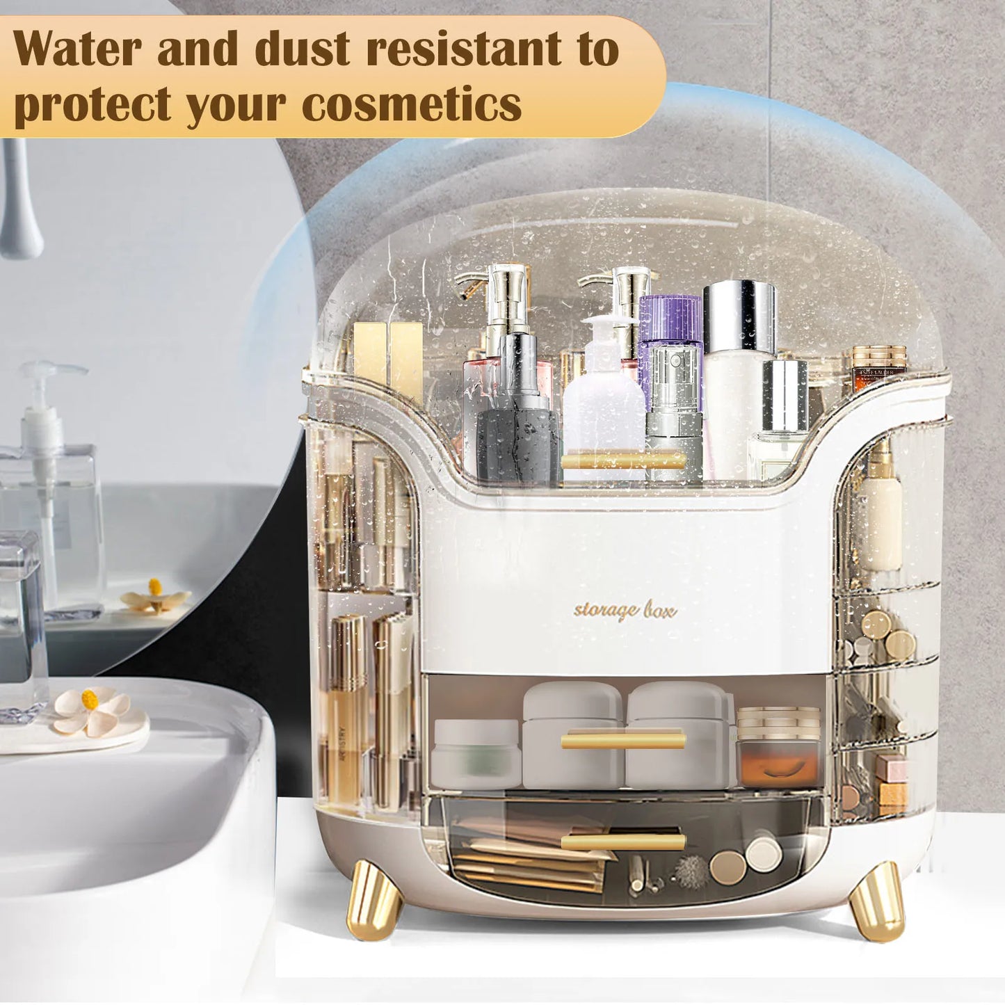 Makeup Organizer and Storage, Cosmetics Organizer Box for Countertop with Lid & Drawers, Cosmetics Skincare Organizers Box with
