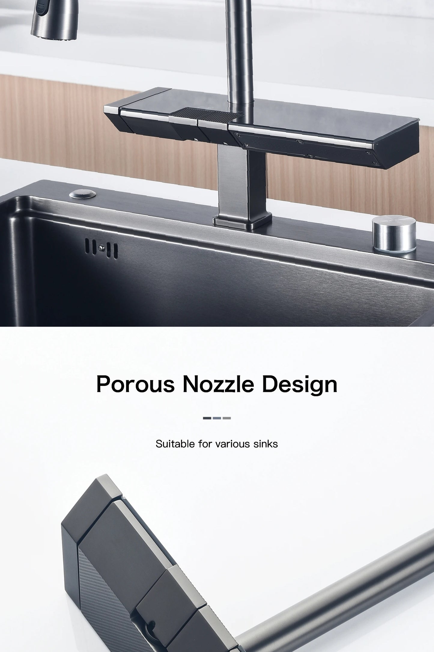 Luxury digital display brass grey kitchen faucet pull-out design